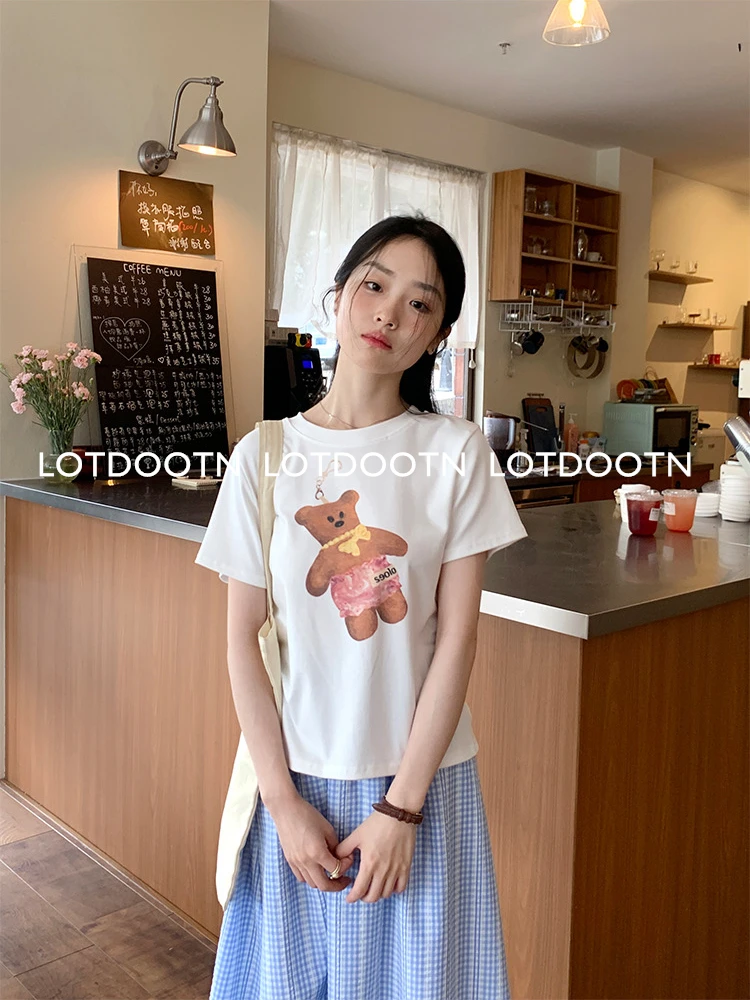 LOTDOOTN Japanese 2000s Style Y2k Cotton T-shirts Women Summer Bear Print Kawaii Short Sleeve Tees Harajuku Cute Round Neck Tops