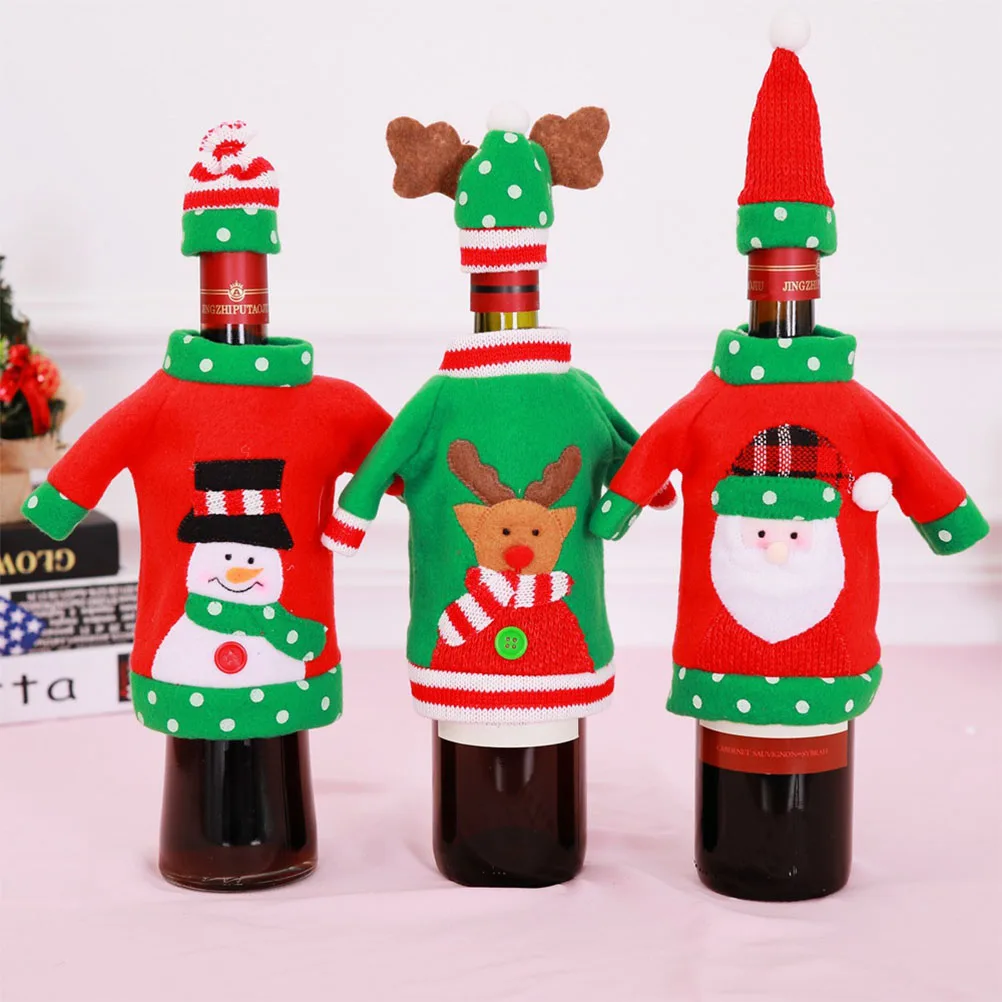 

3pcs Bottle Covers Christmas Wine Bottle Decorations Red Cartoon Design For Holiday Party Bar Kitchen Decoration