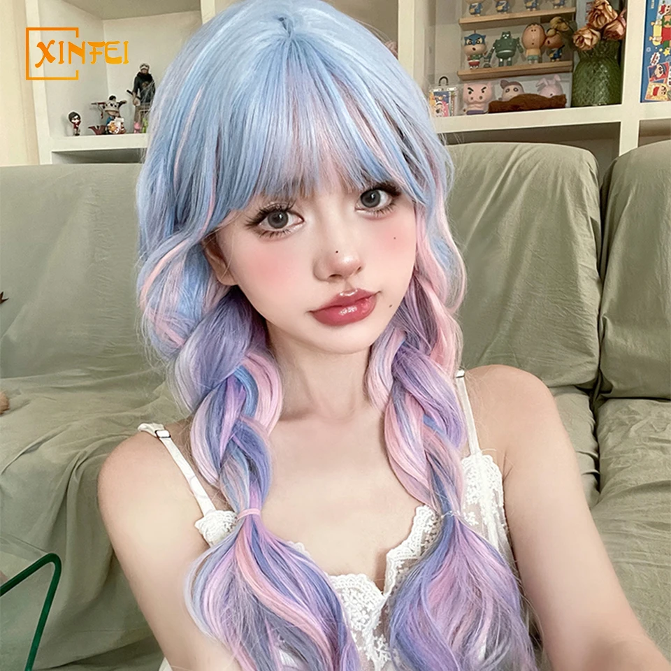 Cosplay Synthetic Wig Female Rainbow Highlights Long Curly Hair Sweet Lolita Candy-colored Fluffy Full Top Wig