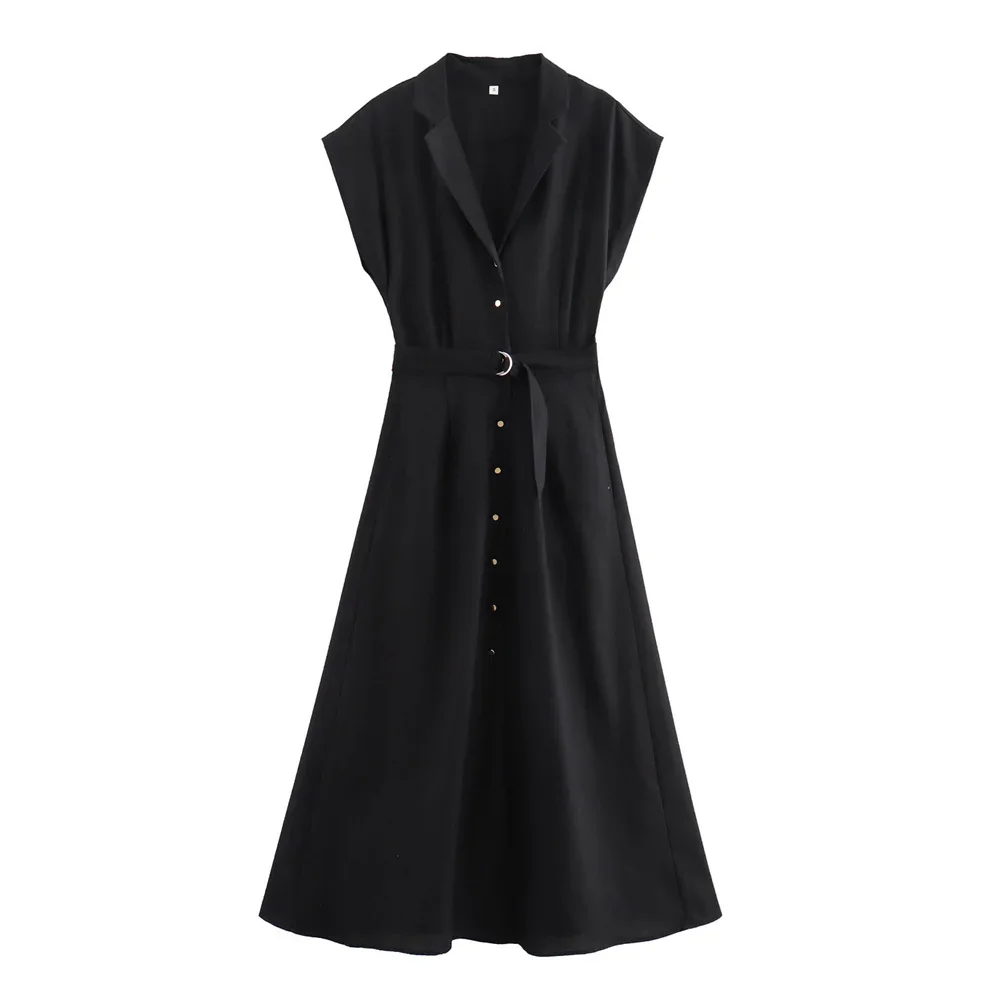 

LIBIELIY 2025 Summer New Women's European And American Style Linen Blend With Belt Midi Shirt Style Sleeveless Dress