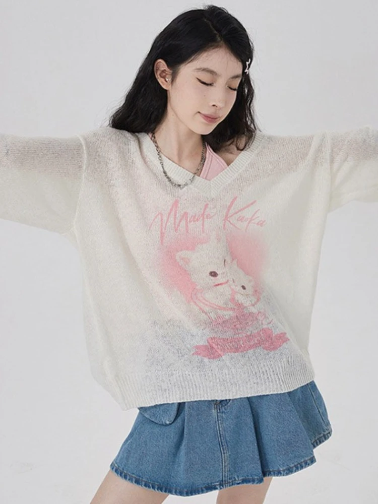 Autumn Loose Grunge V Neck Long Sleeve T-Shirt Fashion Sweet Kawaii Cat Print Women Tshirts Casual Knitted Chic Tee Shirts Y2k