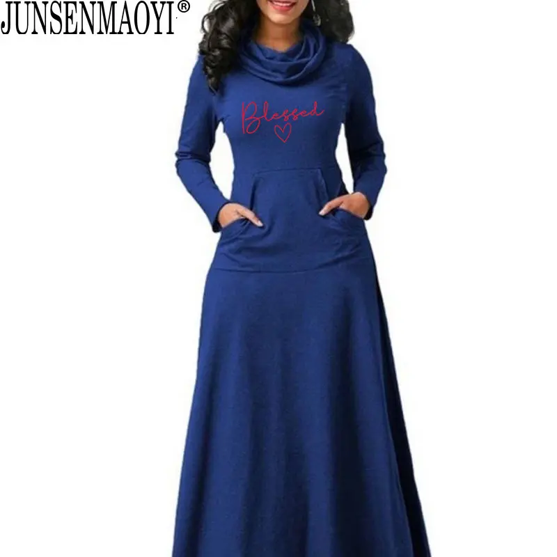 Blessed Letter Print Dress Fashion Women With Pocket Long Sleeve Christian 90s Girl Aesthetic Faith Jesus dresses Long Elegant