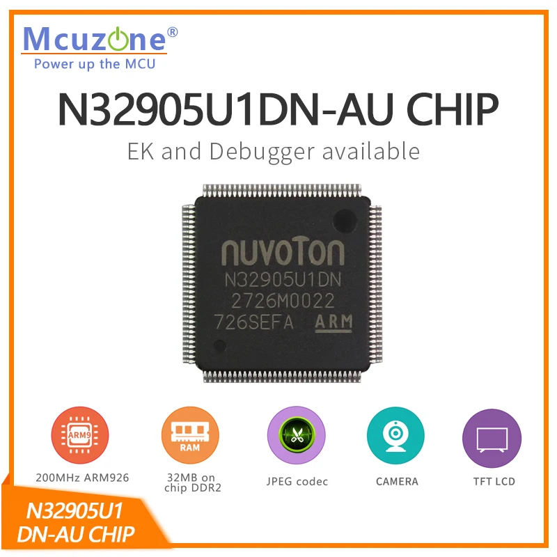 N32905U1DN, NUVOTON ARM926 core based Soc, with on chip 32MB DDR,  USB, LCDC, CMOS interface, JPEG codec, QFP128