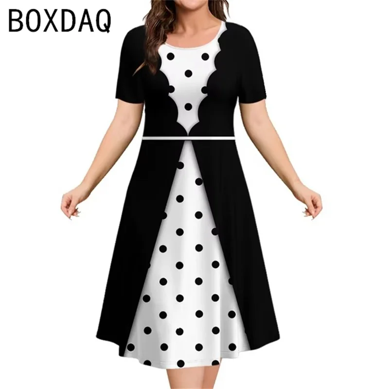 Women Vintage Black White Prints Plaid Dress Summer Short Sleeve O-neck A-Line Dress Big Size 3XL Elegant Women's Dress Vestidos