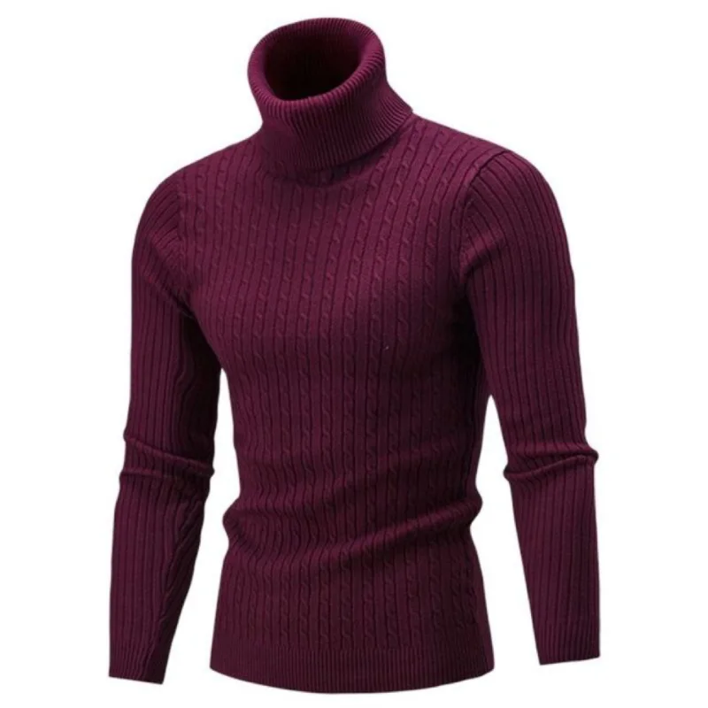 Jersey de punto para hombre, Jersey ajustado de cuello alto, de Color sólido, para Otoño e Invierno