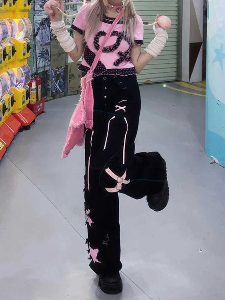 2024 Autumn Women\'s Vintage Aesthetic Jeans Loose Washed Casual Style Harajuku Pants Y2K Wide Leg Punk Baggy Denim Trouser