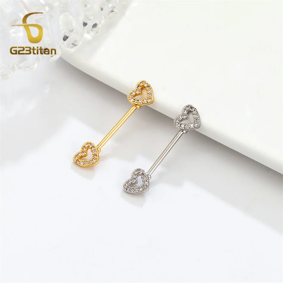 2pcs Gold Silver Color Zircons Hollow Heart Nipple Rings 1.2mm 16G 8-12mm Titanium Straight Barbell Earl Bridge Piercing Jewelry