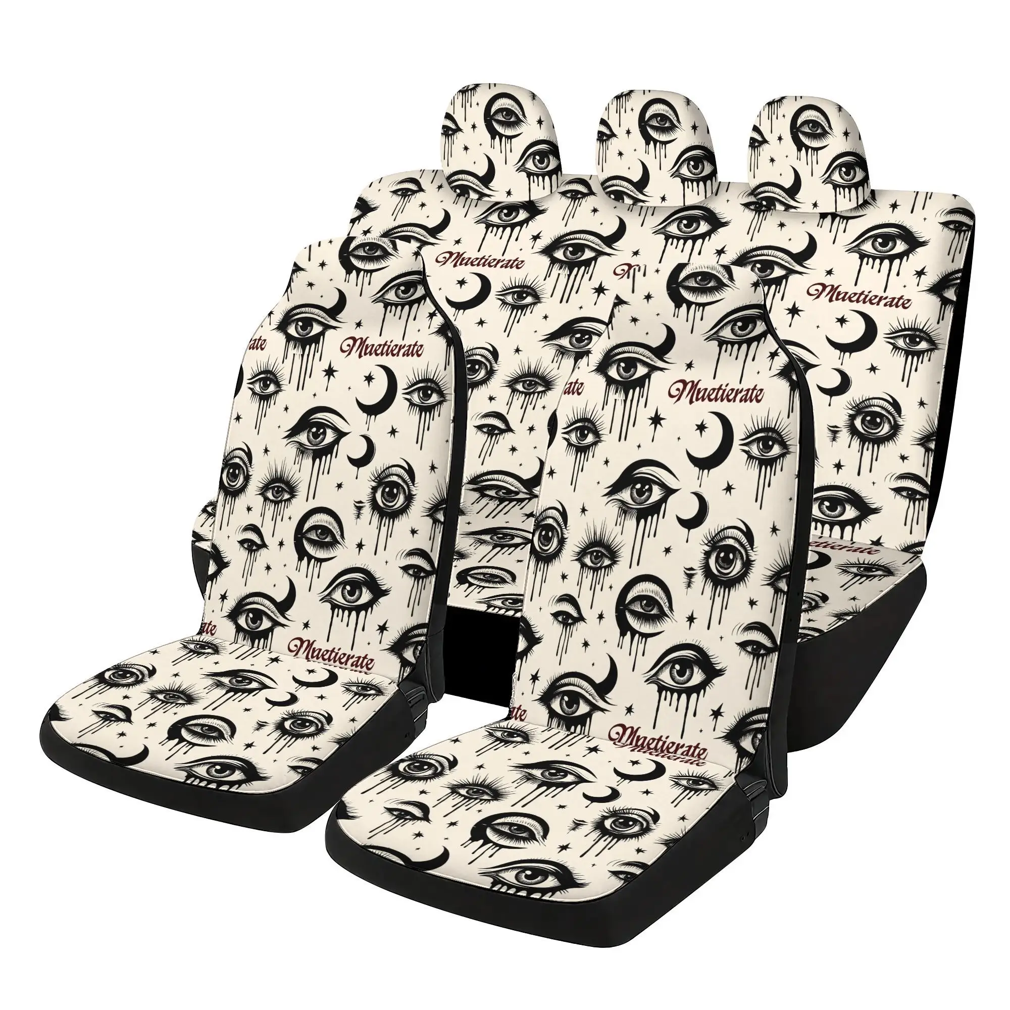 Dark Dripping Eye Pattern Delicate Printed 5 Seater Car Seat Covers, Includes 2 Front Seats, 3 Headrest Covers & 1 Cushion Backr