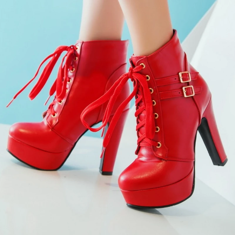 

Red Women's Ankle Boots Autumn Winter Short Boot Shoes Platform Black White High Heels Lace-up Footwear Shoes Lady Large Size 44