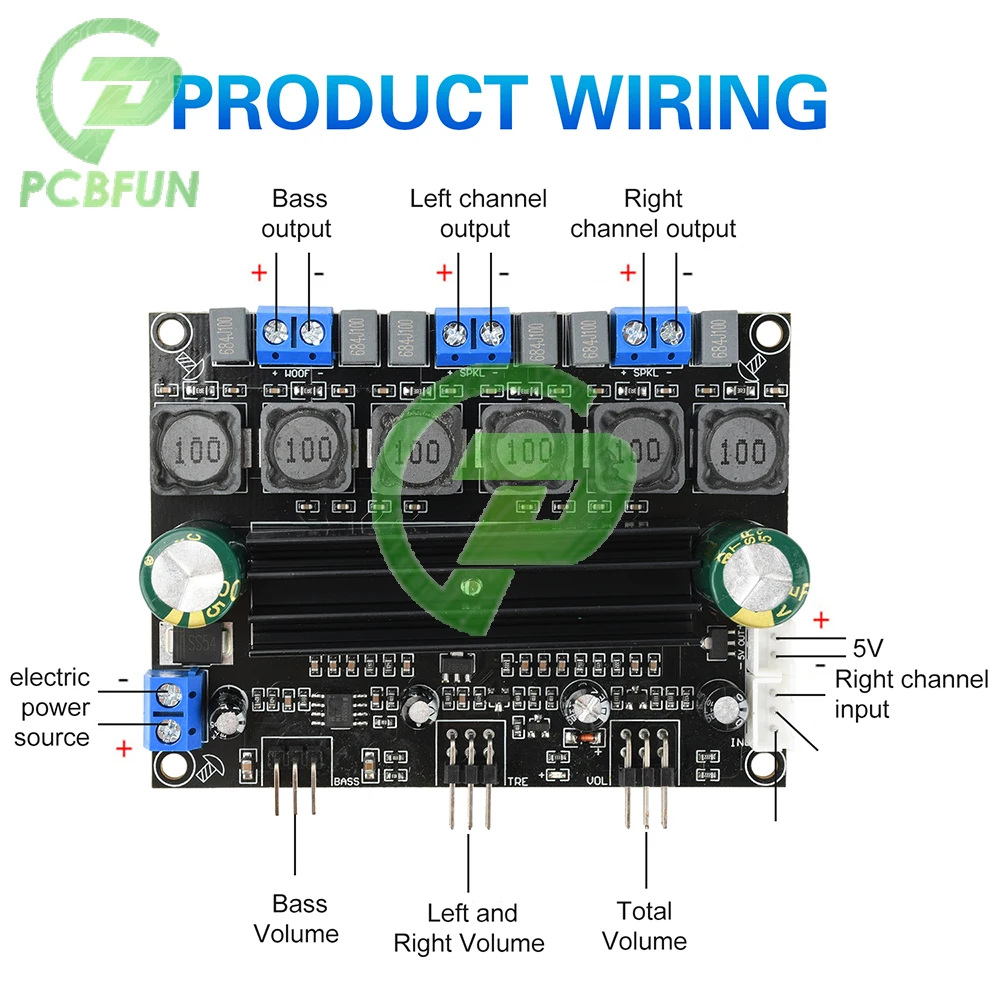 

DC 10-25V TPA3116D2 HIFI Digital Audio Amplifier Board 50W*2+100W High Power 2.1 Channel Subwoofer with Extension Cable