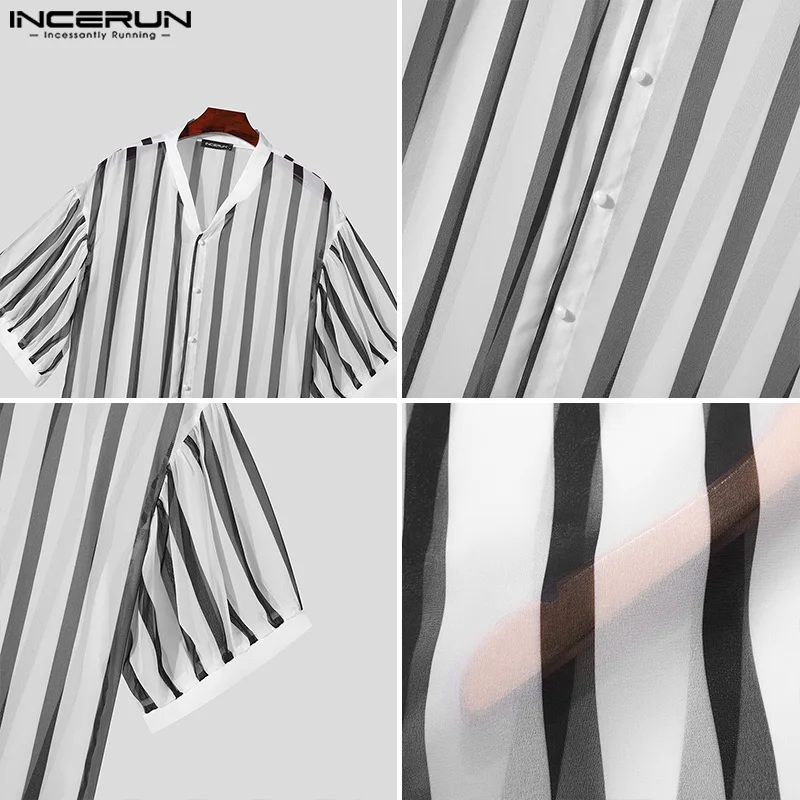 INCERUN Tops 2024 Korean Style Men\'s Black&White Chiffon Striped Shirts Casual Street Simple V-neck Medium Sleeved Blouse S-5XL