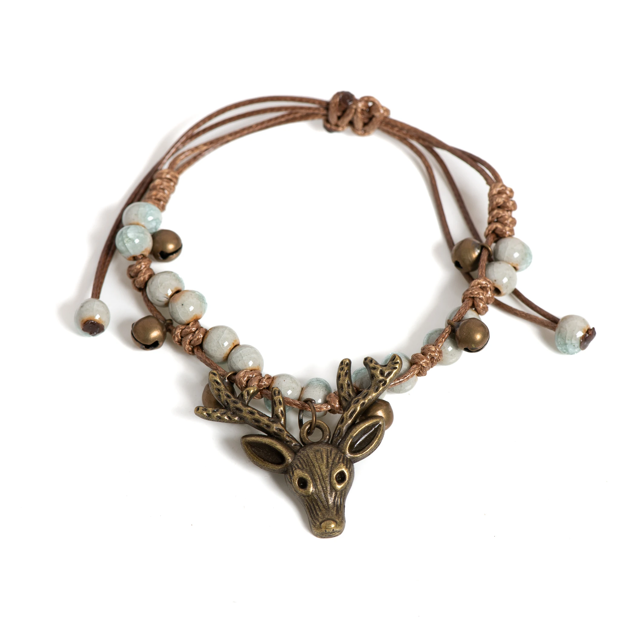 Deer Head Crackle Ceramic Bracelet Adjustable Handmade Braided Jewelry Boho Rustic Style Unique Gift for Women 1190