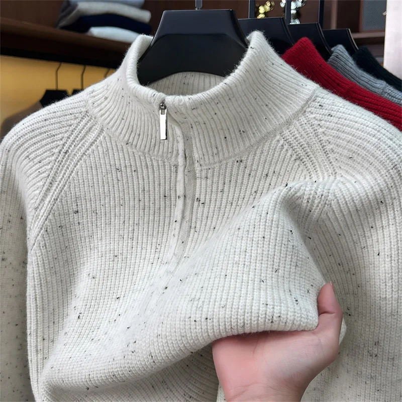 Luxury fashion printed knitted pullover men's winter thicken warm comfort stand collar half zipper casual new high-end sweater
