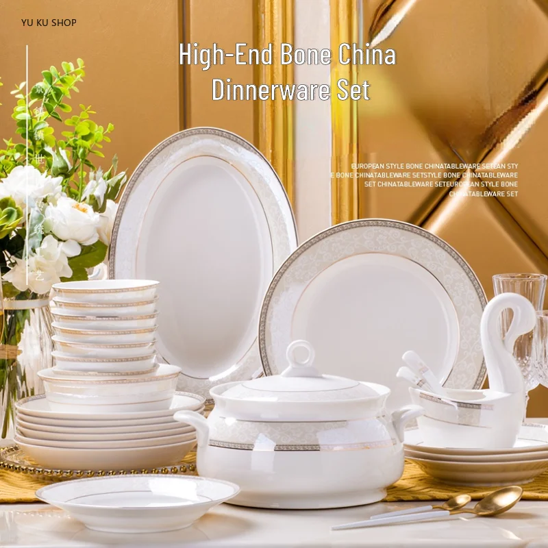 Bone China Tableware Set Full Table Service Tableware Simple Phnom Penh Plates Dinnerware Bowl Dish Dinner Set for 10 People