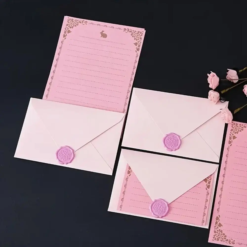 Romantic Pink Envelope Set Fire Paint Prints Paper Postcard Fresh Envelope Decoration Gift Wax Seals Invitation Cards Wedding