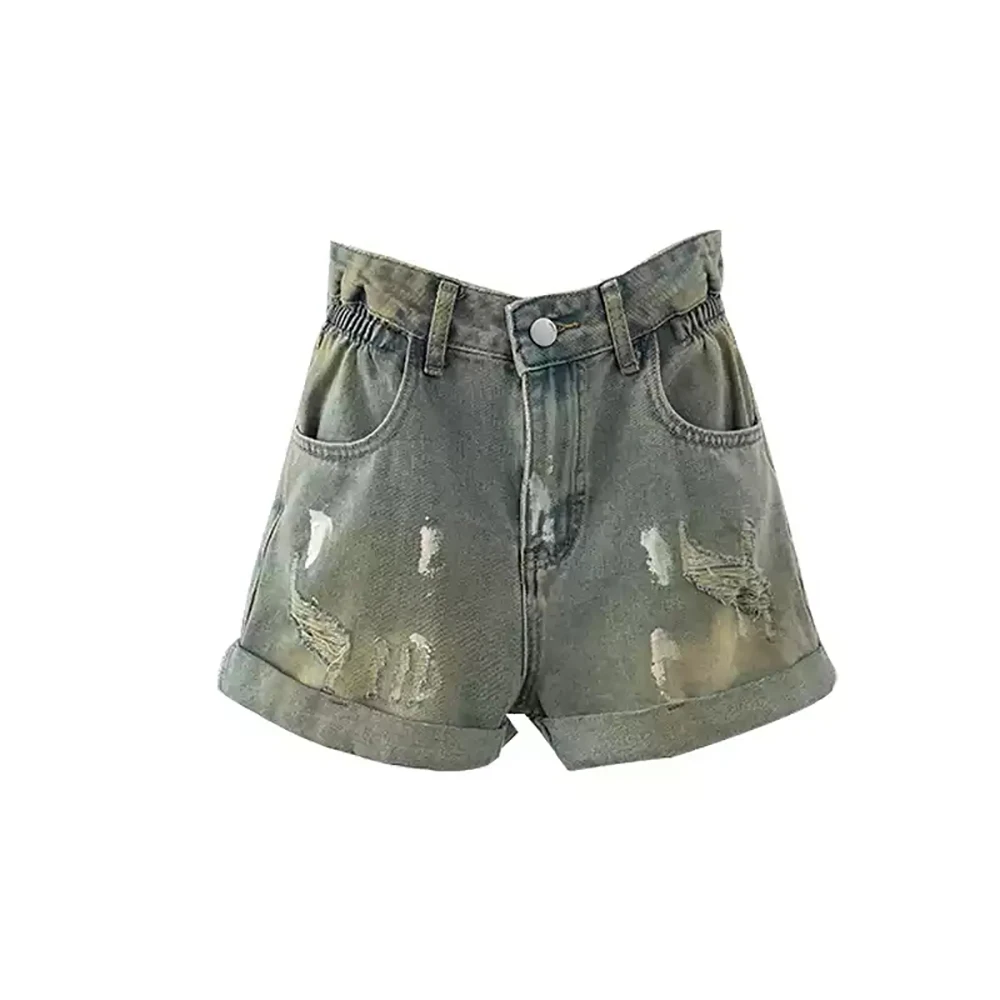 Short en Denim rétro américain pour femmes, taille haute, effiloché, trou court, décontracté, assorti avec tout, tenue de soirée et de Club