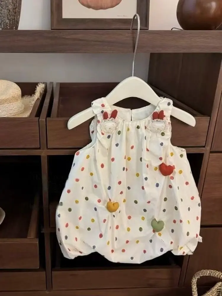 

Princ Sle Polka Dot Skirt Vest Top for Little Girls Cute Rabbit Heart Flower Bud Summer Faion Children's Clothing