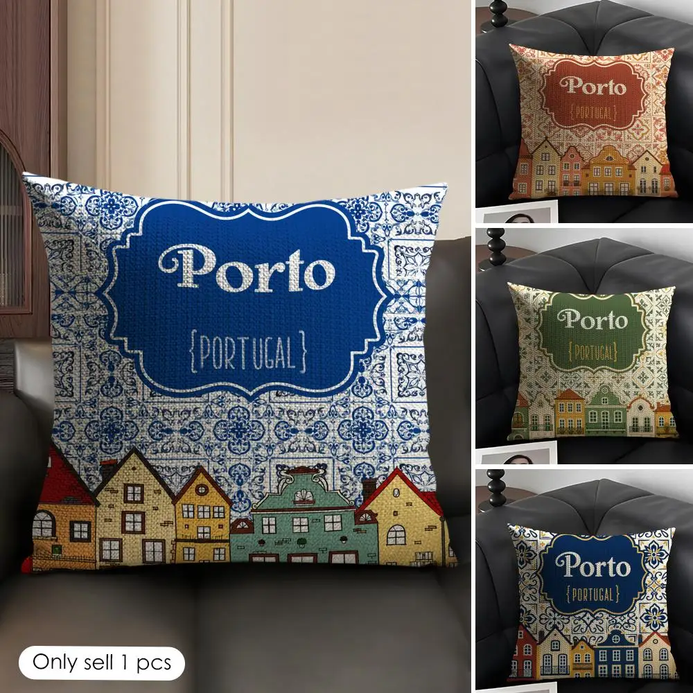 Lisbon Tiles Cushion Cover Linen Organic Fabric Double-Sided Printing Sofa Breathable Home Decor Gift Pillow Case