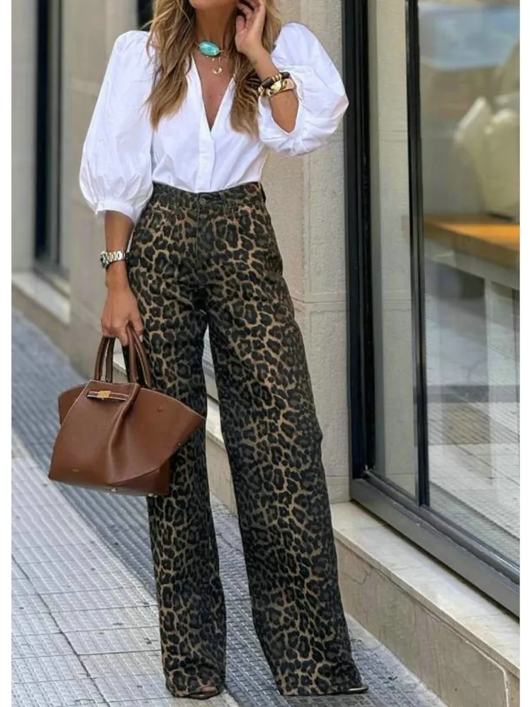 

Autumn Fashion V-neck Puff Sleeve Shirt Top High-waisted Retro Leopard Wide-leg Trousers Two-piece Set Women's Casual Pants Sets