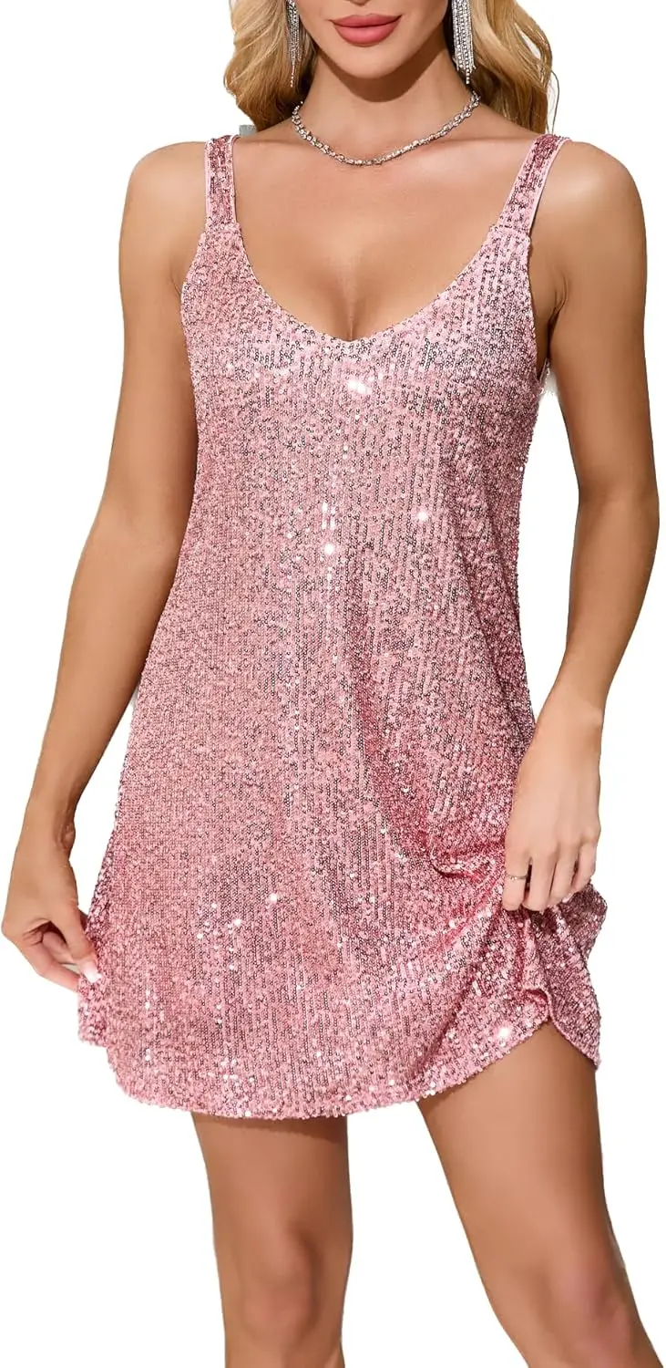 

Women's Glitter Sequin Dress Spaghetti Strap V Neck Party Cocktail Sparkly Mini Dress Clubwear Custom Made Girls Homecoming Gown