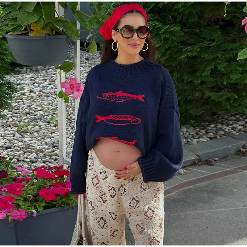 Damenpullover mit Fischmuster, gestrickter Pullover, Herbstmode, Rollkragenpullover, langärmelig, mit Paneelen, Oversize-Strickware, schick, neues Party-Outfit. – Detail 13