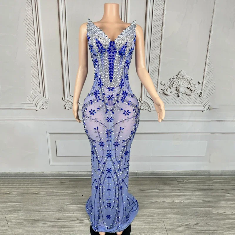 

Blue Rhinestones Birthday Dress Party Wedding Gown Women Celebrate Costume Evening Dresses Stage Catwalk Outfit