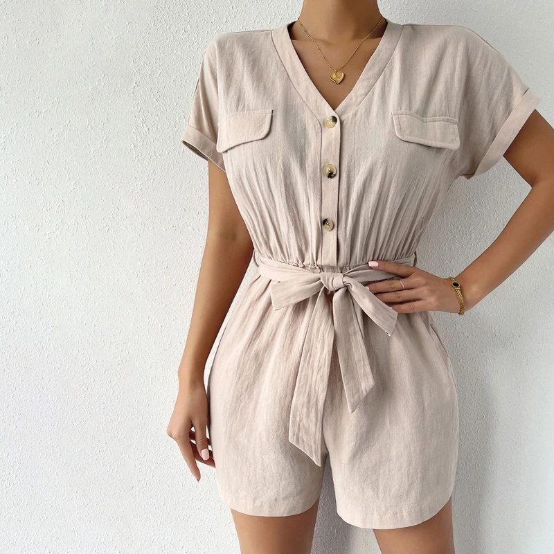 Jumpsuit Lengan Pendek Gulung Musim Panas Wanita Celana Pendek Pinggang Tinggi Kancing V-neck Romper Warna Solid Kasual Longgar