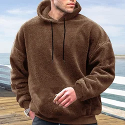 Winter Men's Solid Color Fluffy Wool Hooded Coat Pullover Warm Sweatshirt Velvet Fleece Hooded Men's Sweater