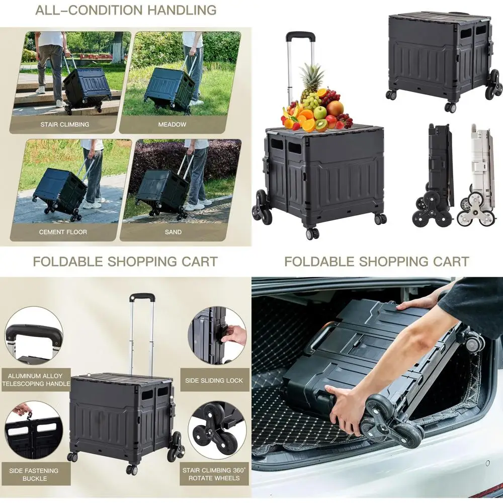 

Прочная 8-колесная складная тележка с телескопической ручкой для покупок и подъема по лестнице (черная, 17.32x17.13x30.12)