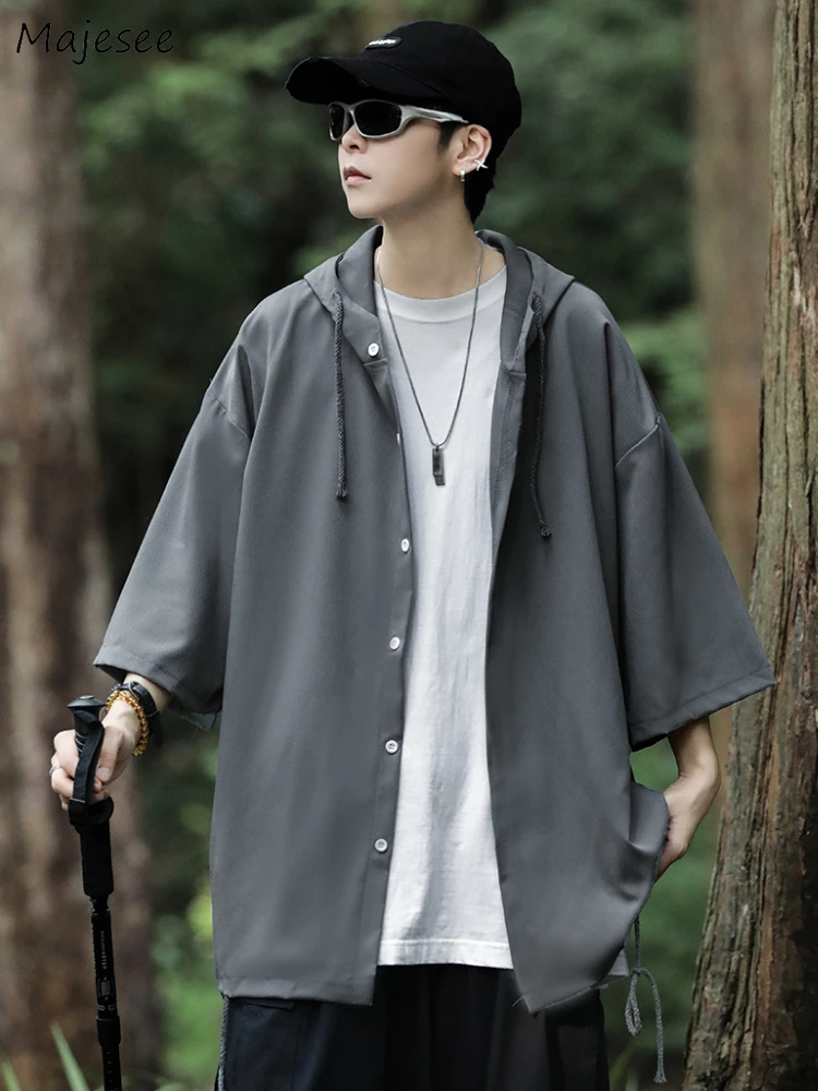 

Pure Shirts Men Baggy Hooded Minimalist Summer Thin Breath Camping Clothes Unisex Camisas Korean Fashion Vintage Teens All-match