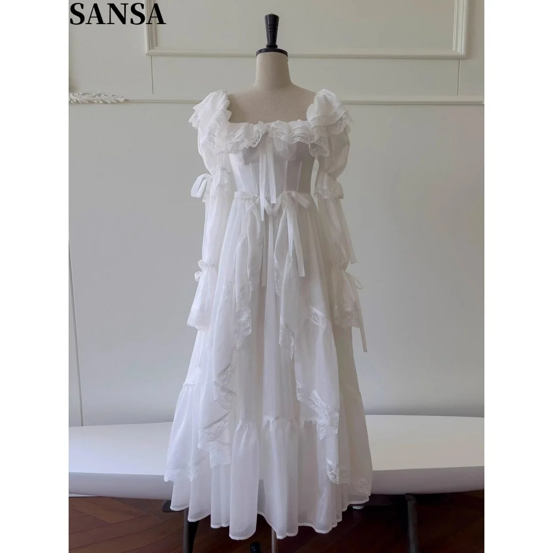 Sansa Customized Elegant White women's formal evening gowns Off Shoulder Lace Ruffle Corset Tiered Puff Sleeve Multi Layer Dress