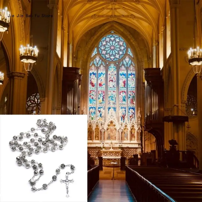 Catholic Rosary Necklace Plastic Rose Flowers Bead Cross Crucifix Pendant Vintage Religious Jewelry