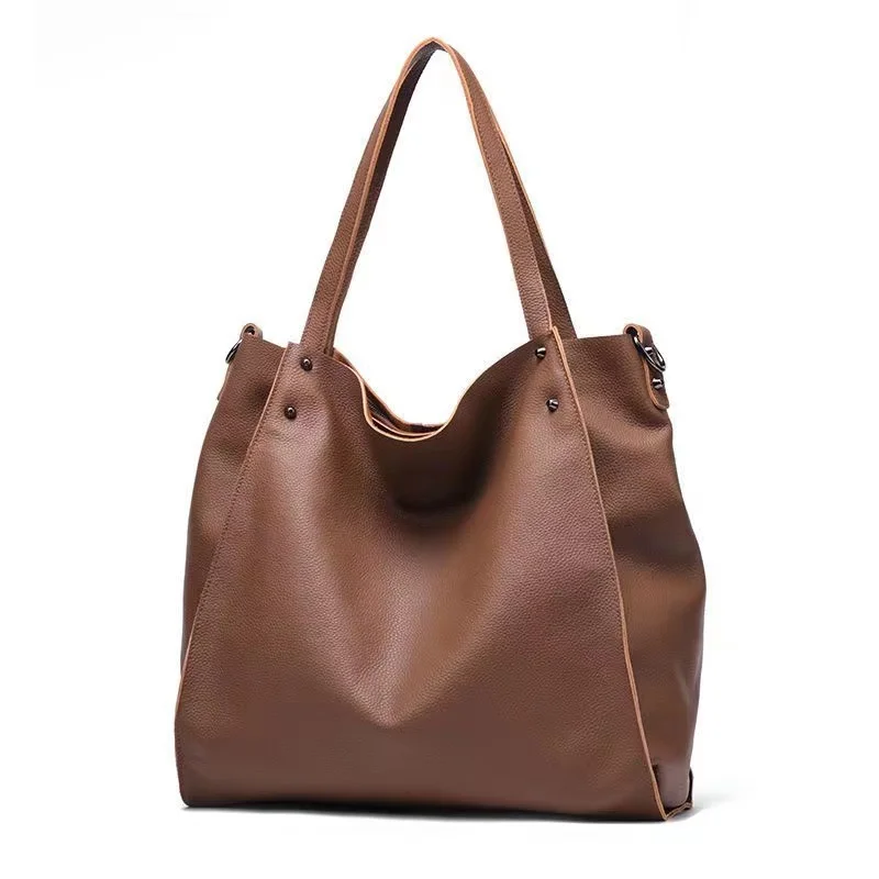 New Tote Bag Genuine Leather Women Bag Casual Simple Large Capacity First Layer Cowhide Shoulder Bag Shopping Messenger Bag