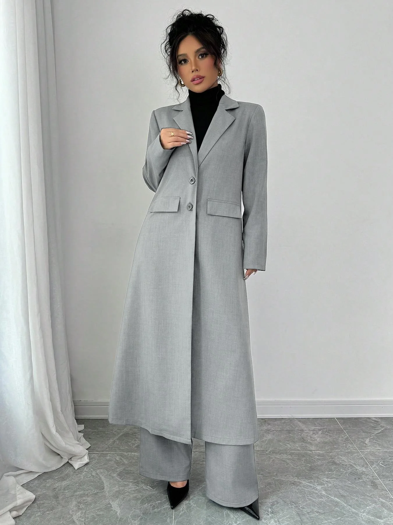 Zweiteiliges Business-Set für Damen, lange Manteljacke und bequeme Anzughose, professionelle Bürokleidung, elegantes Design für Damen