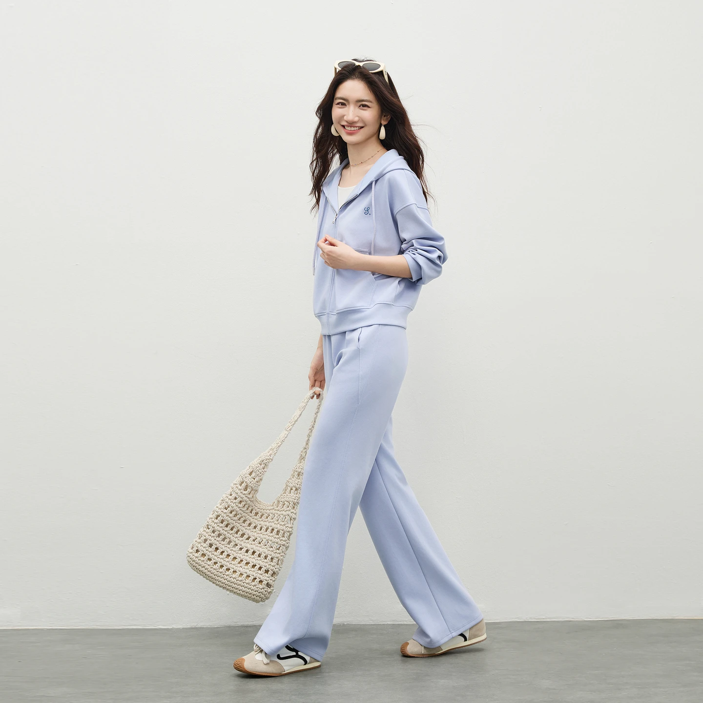 SENTUBILA Women's Casual Tracksuit 2026 Spring Hoodie Embroidery Zip up Jacket Loose Flared Pant 2 Piece Trouser Set 161ZC6614