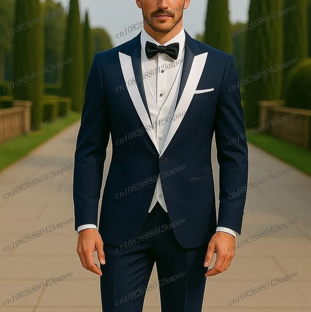 

New Navy Blue And White Formal Men Suit Groom Groomsman Wedding Party Prom Business Male Tuxedos 3 Piece Set Blazer Vest Pants