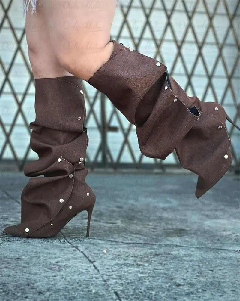 Onlymaker Women Pointed Toe Pleated Thin Heel Knee High Boots Back Zipper Fashion Buttons Stiletto Removable Boots