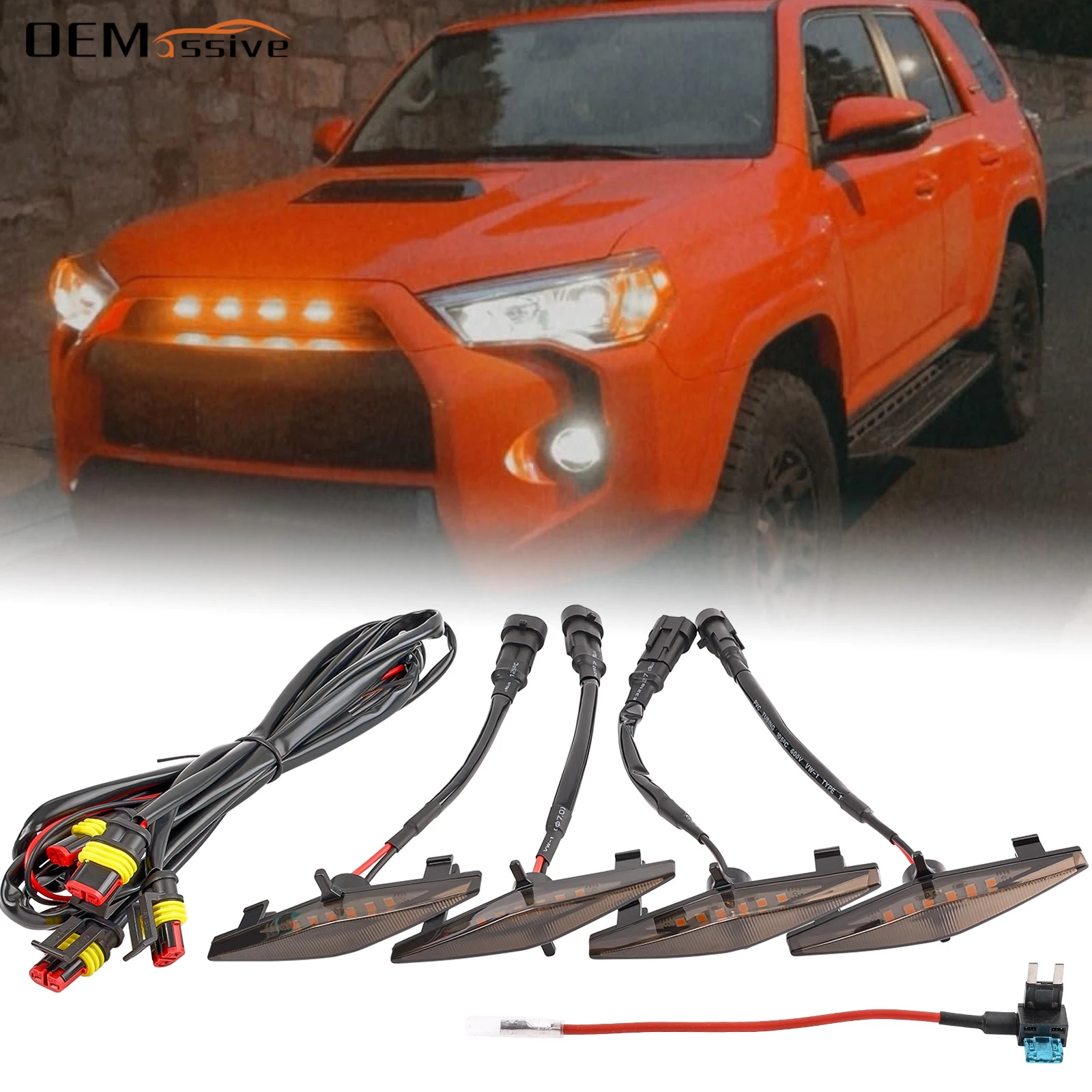 4x Amber Front Grille Raptor Light Car Accessories with Harness Fuse For Toyota 4Runner SR5 Off-road Limited TRO Pro 2014-2021