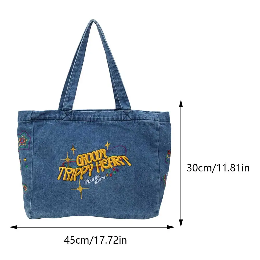 Denim Shoulder Bag Canvas Embroidered Letters Handbag Casual Travel Shopper Retro Hobo Bag Large Capacity Shoulder Underarm Bag