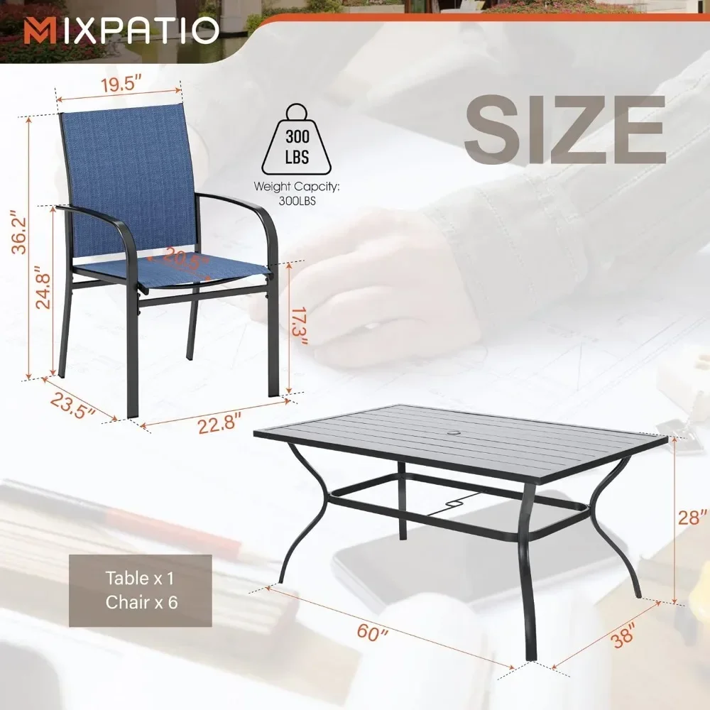 XMSJ-Conjunto de Móveis para Pátio Exterior, 6 Cadeiras Textilene Azuis, Mesa Retangular Metálica, 7 PCs