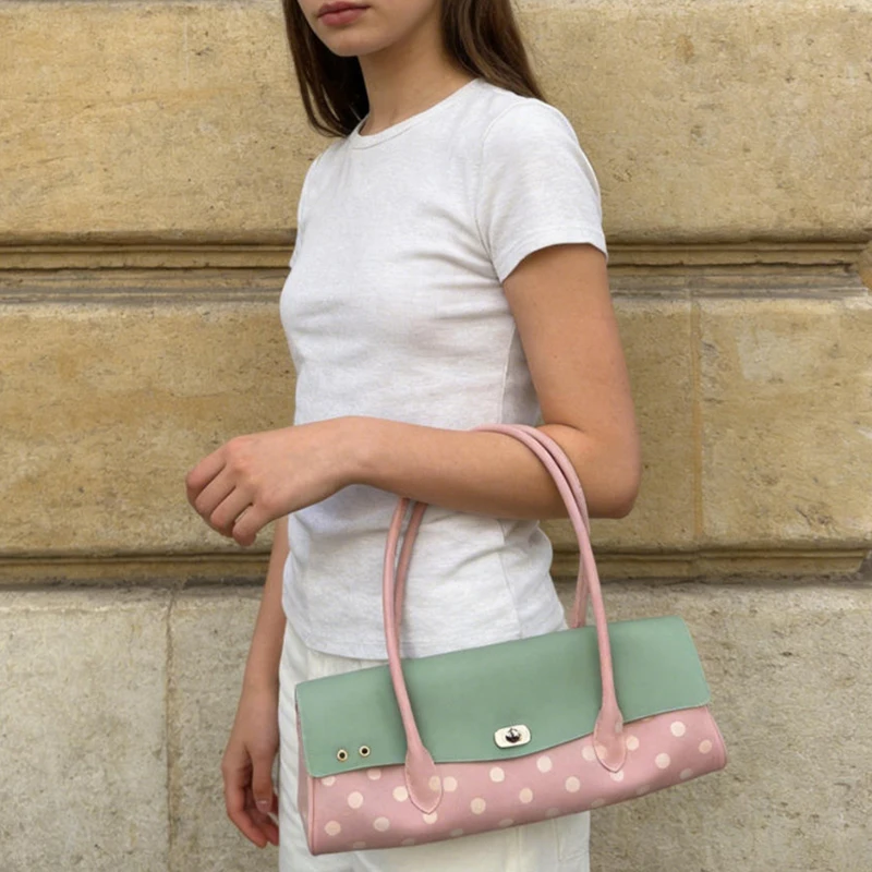 Strawberry Polka Dot Hobo Shoulder Bag,Women Sweet Cute Colorblock Long Stick Double Handle Handbag,Casual Commute Work Purse view 4