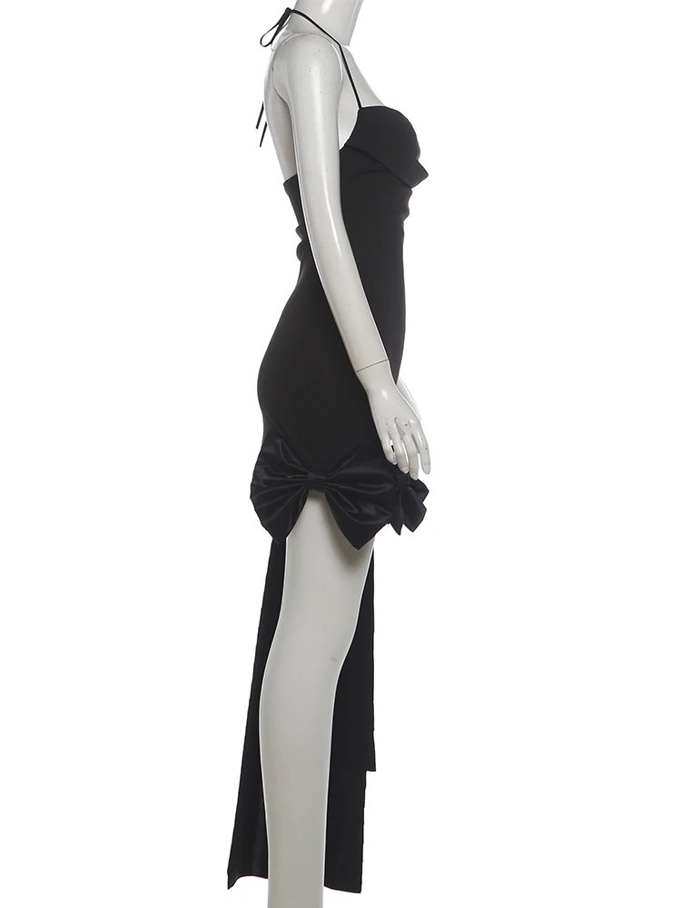 Weird Puss Kleid mit Schleifendekoration am Saum, Damen, Falten, Quasten, Neckholder, Bandage, ärmellos, rückenfrei, eng anliegend, elegant, Party, sexy, Bodycon – Detail 4