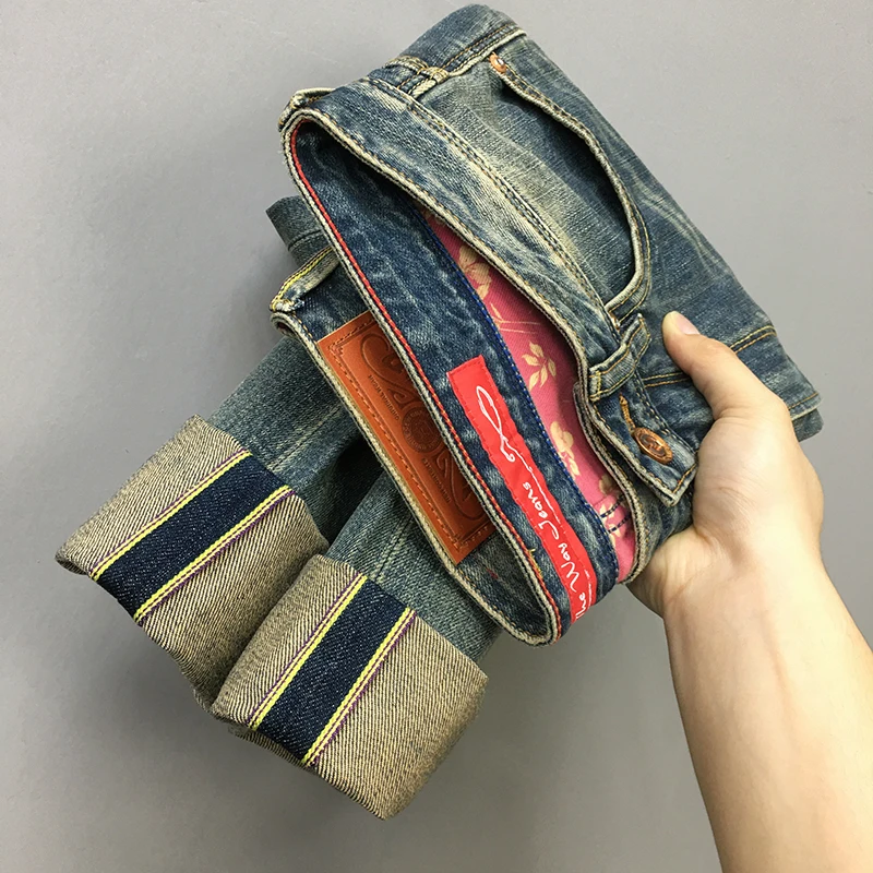 Summer Thin High Quality 100% Cotton Yellow Selvedge Denim Jeans for Men American Vintage Blue Loose Straight Pants Casual Y2k