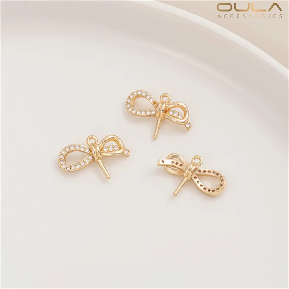 1pcs 14K Gold-plated Zircon Bow Pendant, Crystal Pearl Stand, Diy Collarbone Chain Earrings, Double Pendant