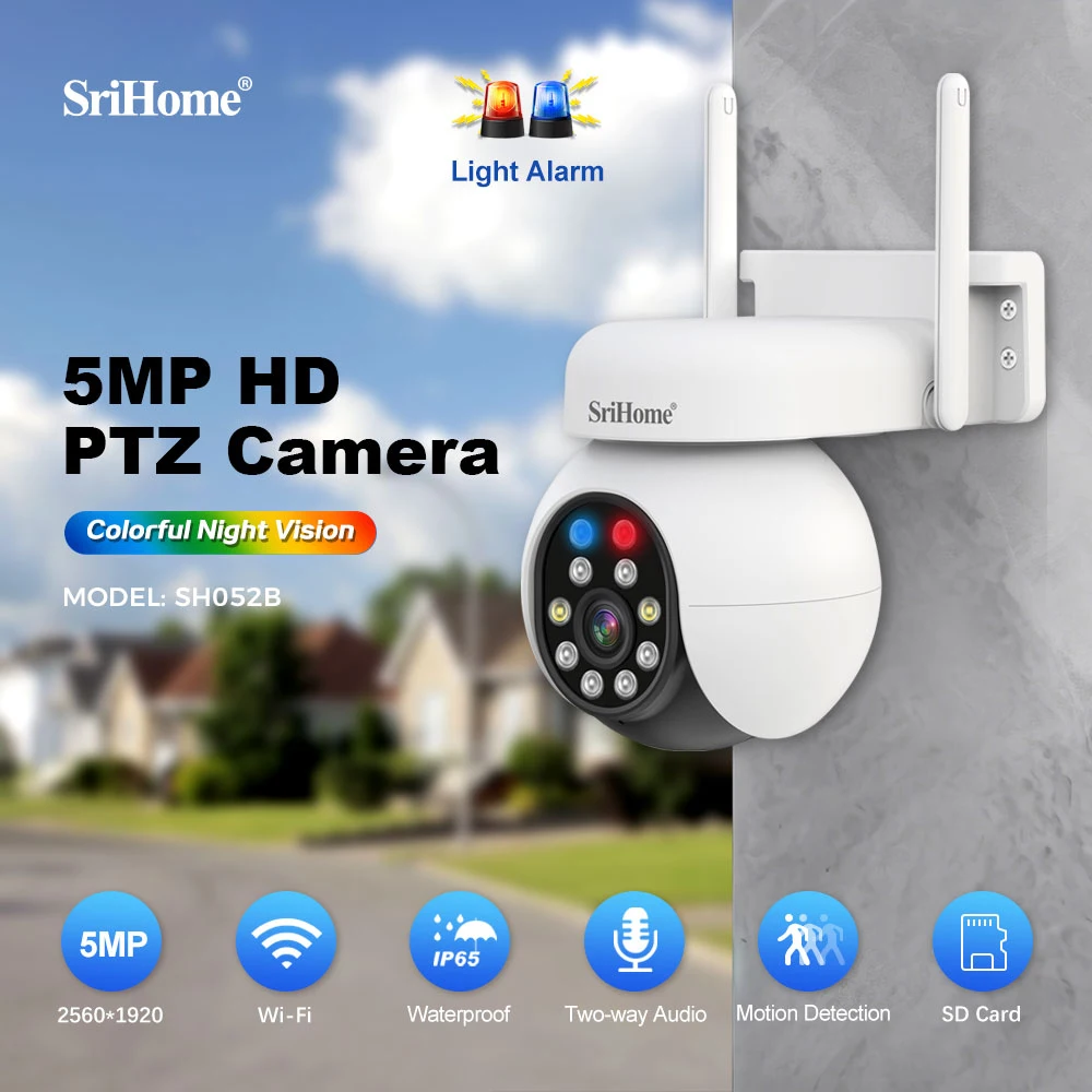 

Srihome 5MP Wifi Camera SH052B Wireless PTZ IP AI Auto Tracking CCTV Sound&Light Alarm Starlight Color Night Vision Outdoor