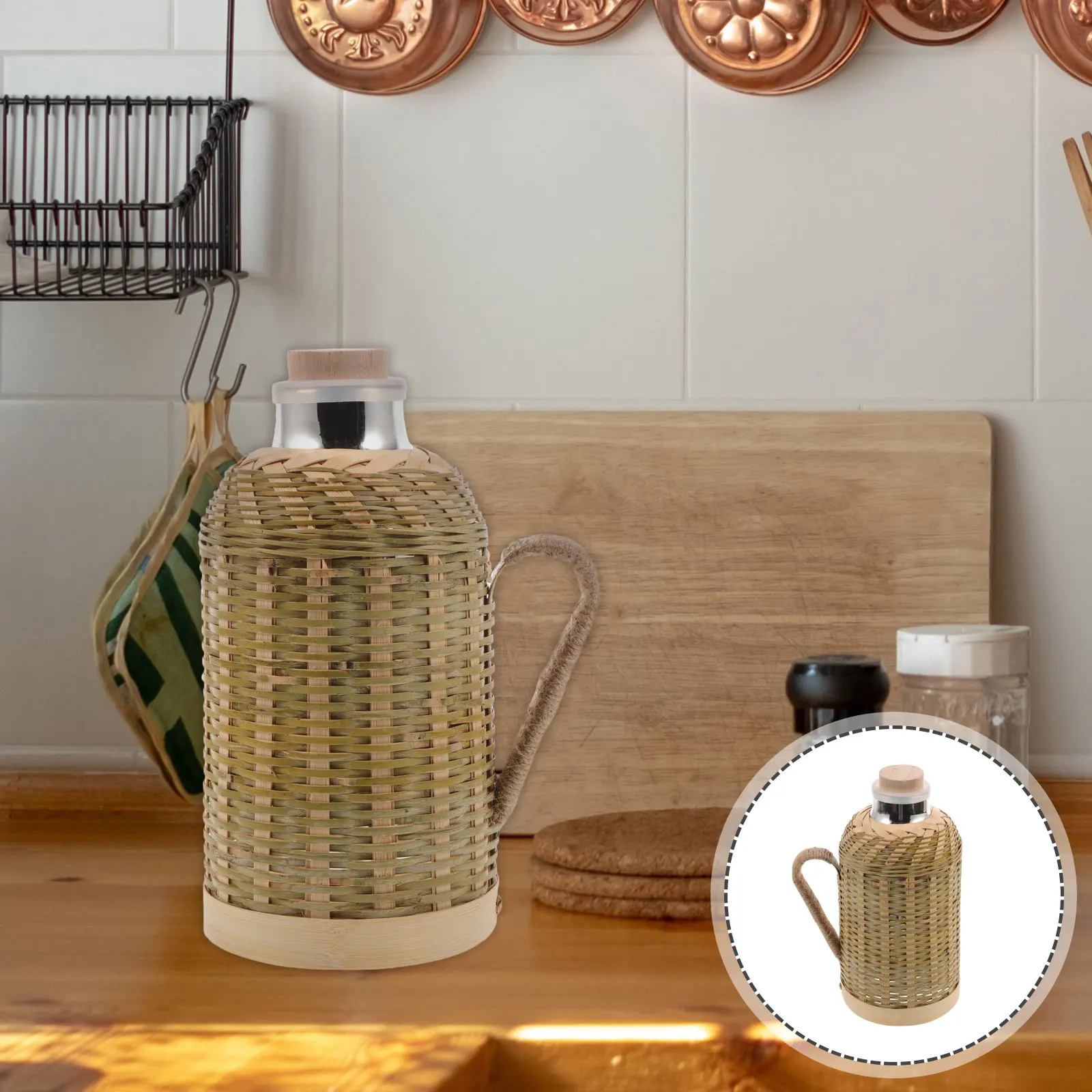Picture 7: 1pcs Bamboo Woven Cover Thermal Kettle Hand-Made Glass Flask For Home Office Retro Insulated Water Bottle Heat
