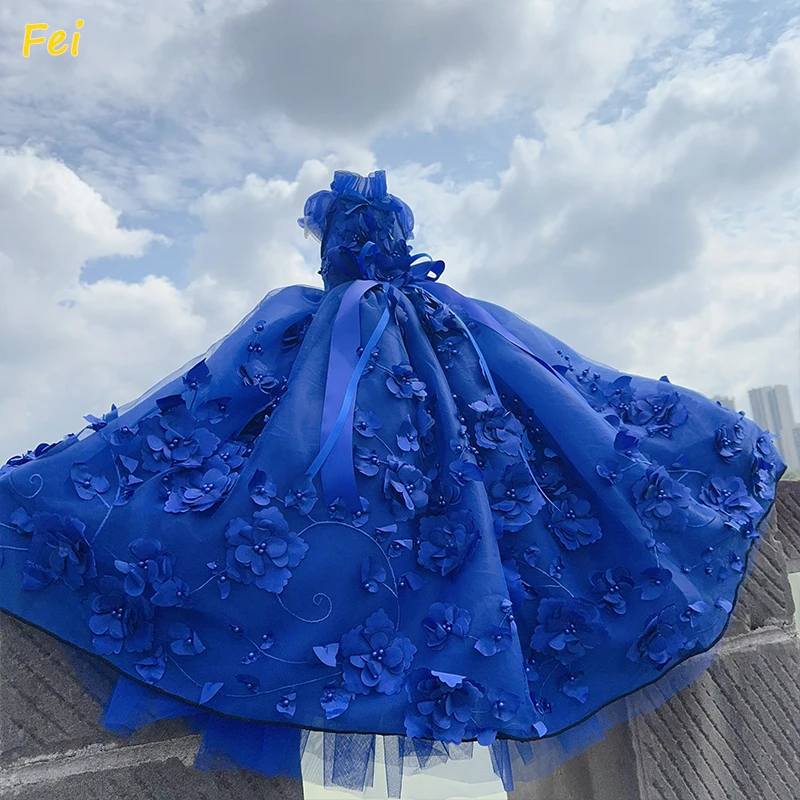 

High-end Luxury Pet Clothes Fashion Royal Blue Handmade Lace Flower Bow Long Tail Princess Dress For Small Medium Dog Puppy Coat