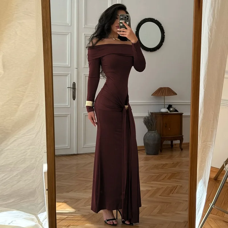 Elegancka sukienka maxi z odkrytymi ramionami, marszczeniami, kryptograficzny wzór, damska, na imprezę, do klubu, jesienne sukienki bodycon z długim rękawem, suknia, odzież.
