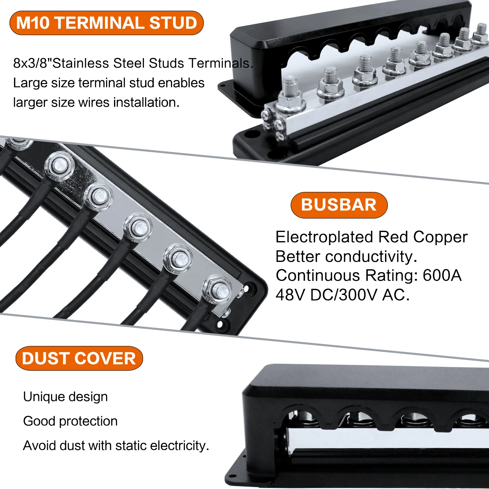 Heavy-Duty Bus Bar 600A High Current 8 Way 3/8\