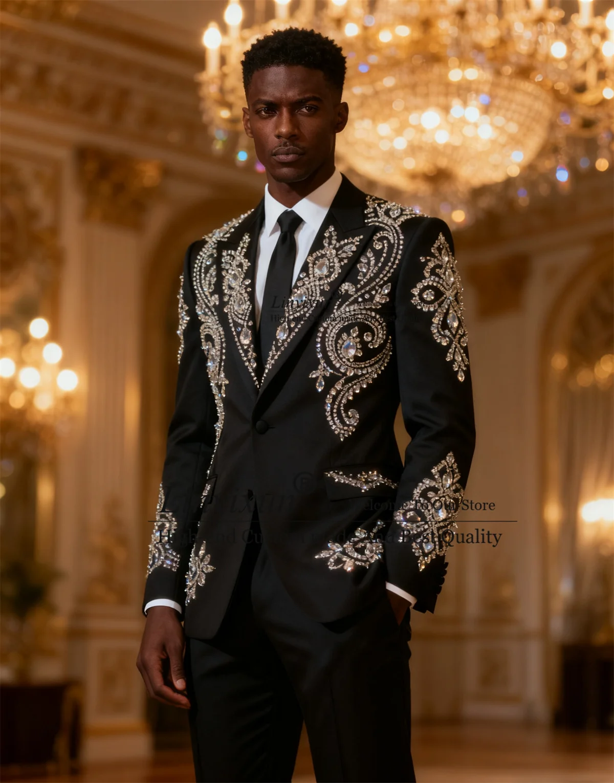 

Sparkly Metallic Jewelry Ornament Tuxedos Men Suits 2 Pieces Wedding Groom Party Male Prom Blazers Customized Ternos Completo